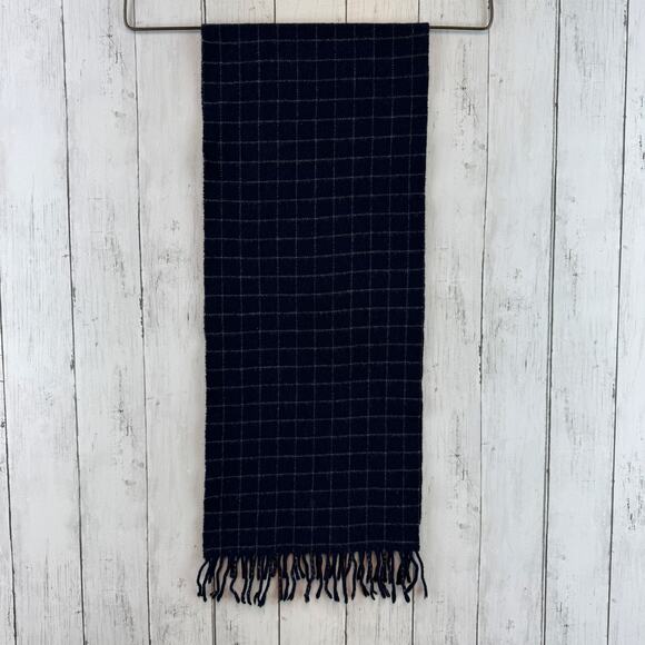 VTG 90's Polo Ralph Lauren Navy Blue Windowpane Plaid Lambswool Fringe Scarf - Picture 4 of 11